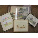 An unsigned watercolour of a fisherman on the shoreline with a windmill in the background,