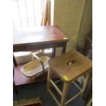 A mahogany two tier table, a pine stool, four table legs and a vegetable trug