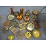 Victorian copper household items to include a twin handled jam pan and fire accessories