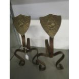 A pair of Scottish Arts & Crafts brass and gilded wrought iron fire dogs