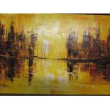 Signed Indistinctly - a river city scape with a bridge at sunset, oil on canvas, signed lower left