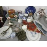 A mixed lot to include Imari bowls, brass letter rack, silver plated candelabra and other items