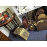 Mixed vintage household tins and deed boxes, treen kitchenware, three Victorian irons, a vintage