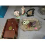 A mixed lot to include a graduated set of three brass inlaid wooden trays, with mounts to the
