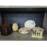 A quantity of Art Deco and later ceramics to include tureens and an Art Deco carved wooden table