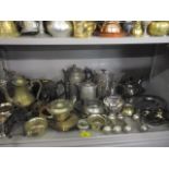 A quantity of silver plate and pewter to include a Tudric pewter hot water pot, silver plated baby
