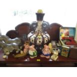 A large continental and retro table lamp, mixed china to include Nat West piggy banks and model