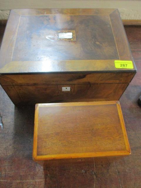 A Victorian walnut jewellery box and a 19th century mahogany tea caddy