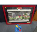 A framed and glazed artwork signed J Percy with related photographs and a program for Man Utd 1999