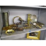 A mixed lot to include a horn, wall lanterns, a two handled metal vase, a Quaich and other items