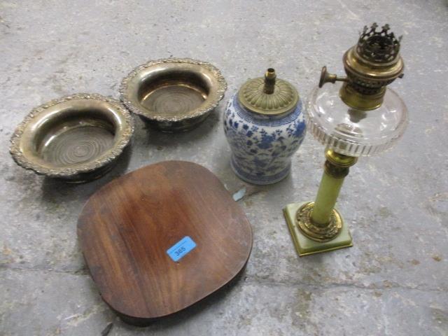 19th century collectables to include a Chinese blue and white lamp, a gilt metal and onyx oil