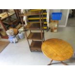 A George III oak reduced pedestal table, 19 6/8" h x 27 1/8" dia and a modern mahogany four tier