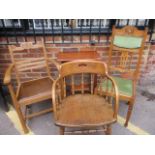 A mahogany two tier occasional table and three oak chairs, to include a vintage desk chair