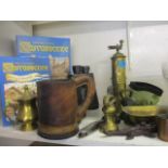 A pair of Dioptron binoculars, jigsaws, fossils, metalware and a leather tankard