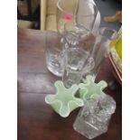 A pair of handkerchief style green glass vases, contemporary glass vases, a large trifle bowl and