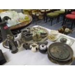 Mixed metalware to include brass trays, ashtrays, a copper jug, cutlery and other items