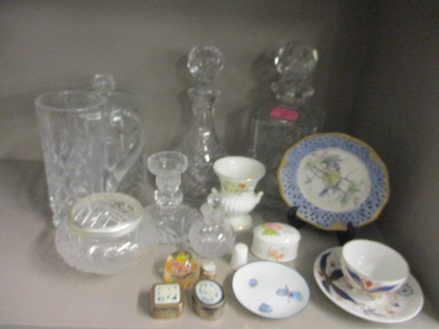 Mixed cut glass to include two decanters, together with ornaments to include a Wedgwood dressing