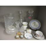 Mixed cut glass to include two decanters, together with ornaments to include a Wedgwood dressing