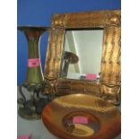 A copper Arts & Crafts style mirror and a Japanese bronze vase, 10" high