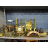 Two pairs of brass candlesticks, mixed metalware to include an Art Nouveau copper crumb tray,