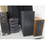 Stereo equipment to include a Technics mini stereo with a Kenwood turntable, a Pioneer sub woofer, a