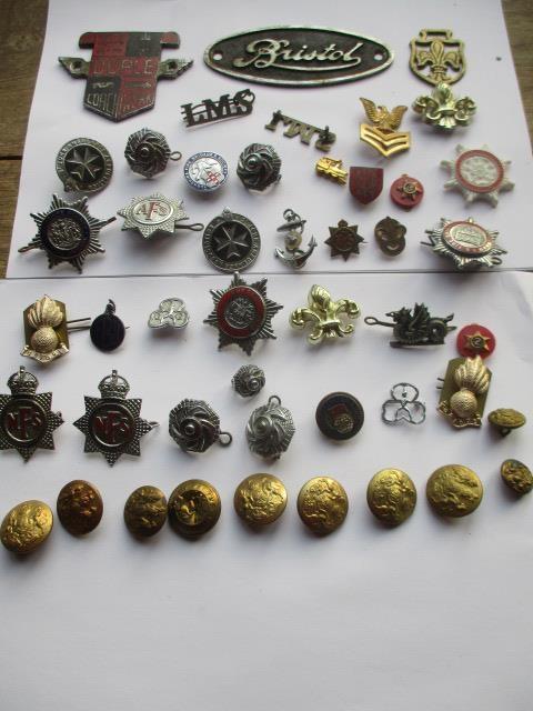 Vintage badges and buttons to include The Army Fire Service, Fire Brigade, Girl Guide, Boy Scout,