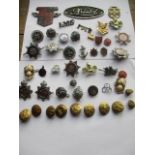 Vintage badges and buttons to include The Army Fire Service, Fire Brigade, Girl Guide, Boy Scout,
