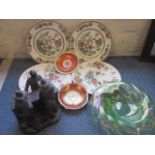 Mixed decorative plates, a mid 20th century glass centre piece and a spelter figural group of