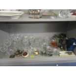 A mixed lot of glass and metalware to include three Edinburgh Crystal thistle shaped liqueur glasses