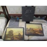 Four pieces of engraved slate, two with urban scenes, the others depicting animals