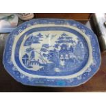 A 19th century blue and white Willow pattern turkey dish, 20 3/4" x 15 3/4"