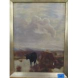 T Buckle - Highland cattle grazing, oil on board, 11" x 15", signed lower right, in gilt frame A/F