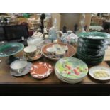 A selection of ceramics and glassware to include a set of nine Minton green Majolica plates