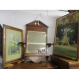 A Victorian mahogany wall hanging mirror, together with a fire screen and an oil painting signed