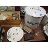 A vintage enamelled bread bin, a Wedgwood Man Friday plate and other vintage items