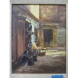 Andrew King, oil on board entitled The Pewter Workshop, Cairo, 7 " x 9", framed