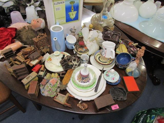 A mixed lot to include china, a glass chandelier A/F, a camera, dolls house furniture and a Bing and