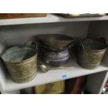 Metalware to include incense buckets, a bowl, planters and other items