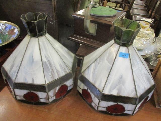 A pair of Tiffany style octagonal shaped, ceiling hanging shades, 14 1/2" h x 13 1/2"w