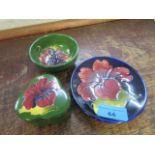 Two Moorcroft dishes and a trinket box