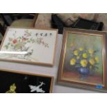 A mixed lot to include an oil on board depicting flowers in a vase, signed David Wilson, an oriental