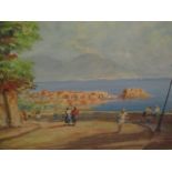 S Cawthorn - Holiday Isle, oil on canvas depicting figures looking over water