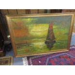 An oil on canvas depicting boats at sea, 27 1/4" h x 39 1/2" w, signed indistinctly