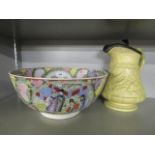 A contemporary Chinese porcelain famille rose punch bowl and a Ridgeway pottery relief jug, along