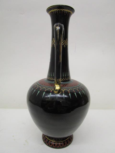 A late 19th century Harrach black glass bottle vase with single handle and enamelled decoration of a - Image 7 of 10