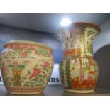 A Cantonese famille rose vase A/F and an Oriental jardiniere