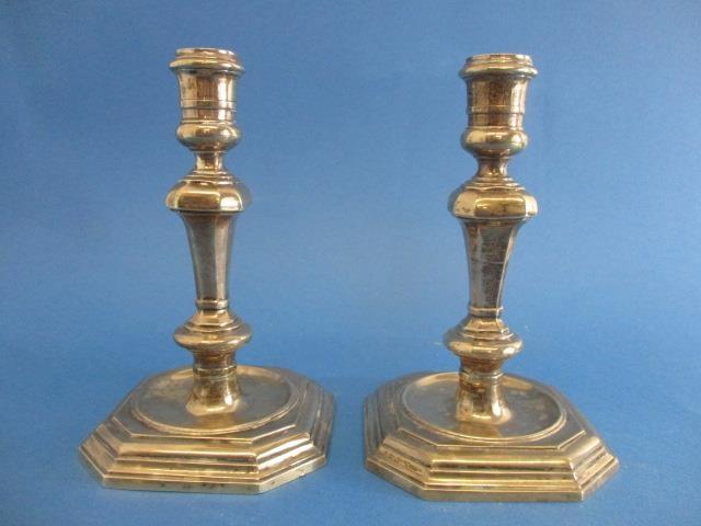 A pair of cast silver candlesticks by Soloman Joel, Philips, London 1968 with a knopped stem on a - Image 2 of 12