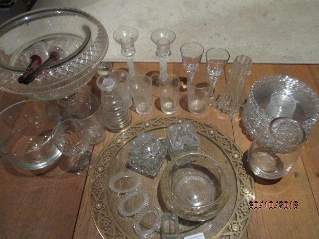 A pair of air twist candlesticks, a pair of air twist wine glasses, etched glassware to include a