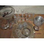 A pair of air twist candlesticks, a pair of air twist wine glasses, etched glassware to include a