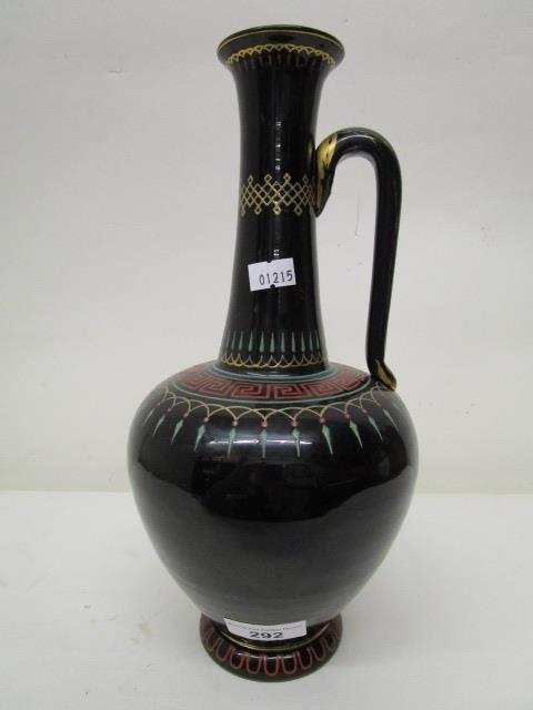 A late 19th century Harrach black glass bottle vase with single handle and enamelled decoration of a - Image 6 of 10